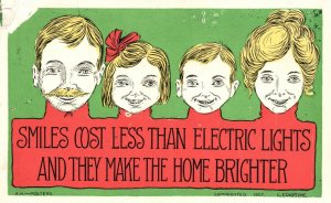 Vintage Postcard Smiling Family Father Sister Brother Mother Green Background