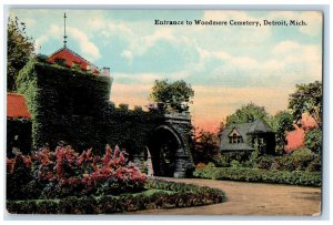 Entrance To Woodmere Cemetery Garden Scene Detroit Michigan MI Vintage Postcard 