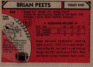 1980 Topps Football Card Brian Peets TE Seattle Seahawks sun0468