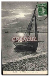 Postcard Old Fishing Boat At Sea Moon Effect calm sea