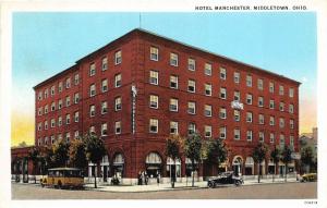 Middletown Ohio 1930s Postcard Hotel Manchester Bus Parked in Front