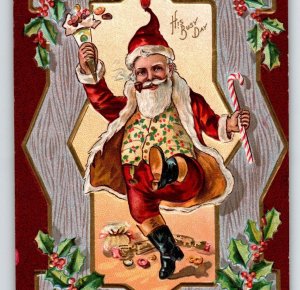 Santa Claus Christmas Postcard Dancing With Candy Cane Pipe Torch Nash Ser 18