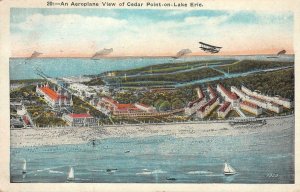 Aeroplane View of Cedar Point-on-Lake Erie Biplane Ohio 1925 Vintage Postcard