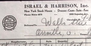 1937 ISRAEL & HARRISON DRESSES COATS SUITS FURS NEW YORK BILLHEAD INVOICE Z314