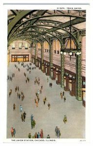 Union Station Interior, Train Gates, Chicago, IL Fred Harvey Postcard