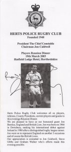 Jon Bentley Rugby Police Reunion Private Dinner Hand Signed Photo