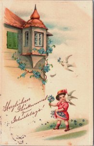 Girl With Pigeons Children Vintage Postcard C275