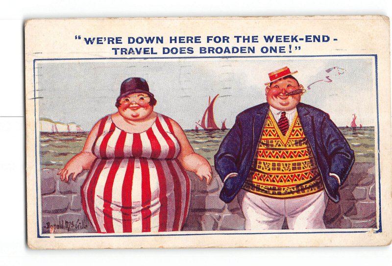 Humorous Comic Vacation Postcard 1931 Large Man and Woman Traveling