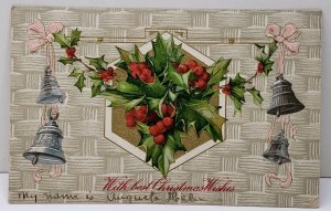 Christmas Wishes Silver Bells Pink Ribbon & Holly on Gold Embossed Postcard D9