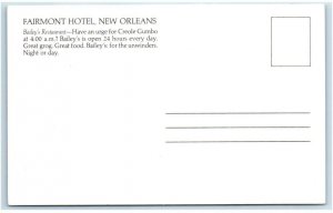 NEW ORLEANS, LA Louisiana ~ Fairmont Hotel BAILEY'S RESTAURANT c1970s Postcard