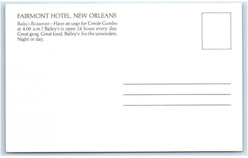 NEW ORLEANS, LA Louisiana ~ Fairmont Hotel BAILEY'S RESTAURANT c1970s Postcard