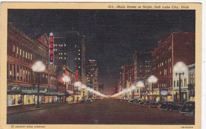 Utah Salt Lake City Main Street At Night Curteich