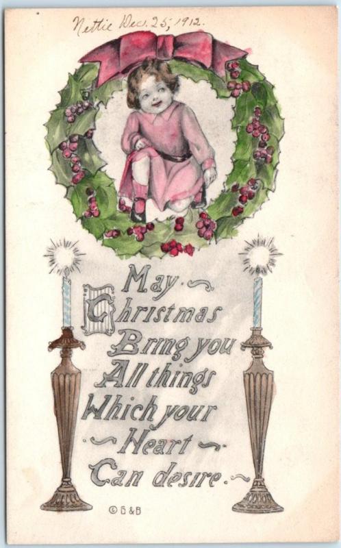 Arts and Crafts  CHRISTMAS WREATH  Handcolored  Gartner & Bender 1912  Postcard