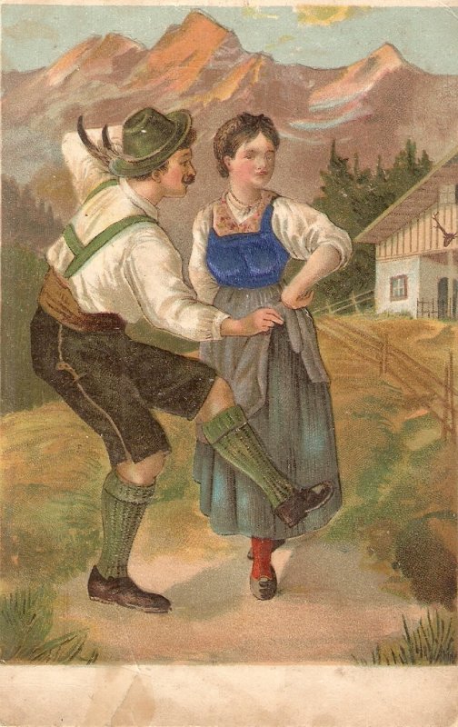 Country couple in typical dress. The dance Old vintage German postcard