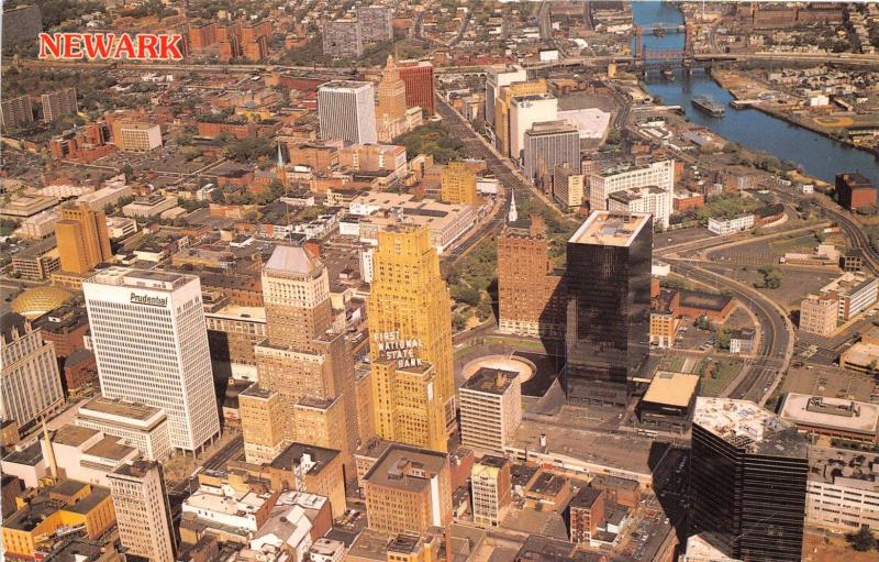 NEWARK NEW JERSEY~AERIAL VIEW~FIRST NATIONAL STATE BANK + PRU BLG POSTCARD 1980s