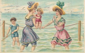 Embossed 1912 chromo Litho drawn bathing women caricature Netherlands postcard 