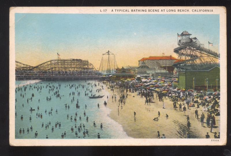 LONG BEACH CALIFORNIA SWIMMING BEACH AMUSEMENT PARK ROLLER COASTER POSTCARD