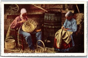 Postcard Handicrafts Southern Appalachian Man Weaving Basket Woman Mending