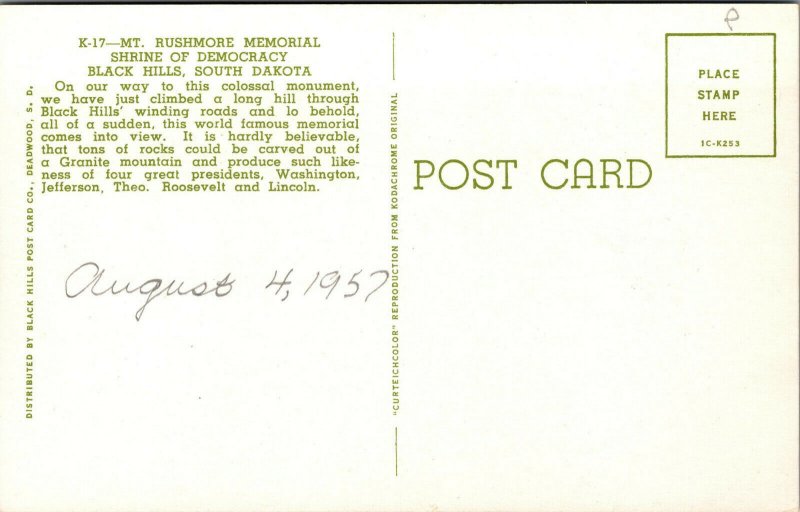 Vtg 1950s Mount Rushmore Shrine of Democracy Black Hills South Dakota Postcard