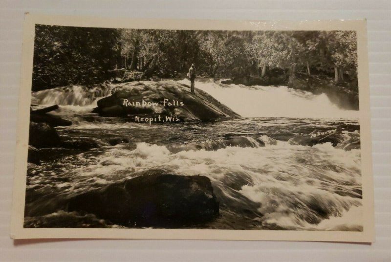 Vintage Postcard Rainbow Falls Neopit Wisconsin fly fishing river rapids   764