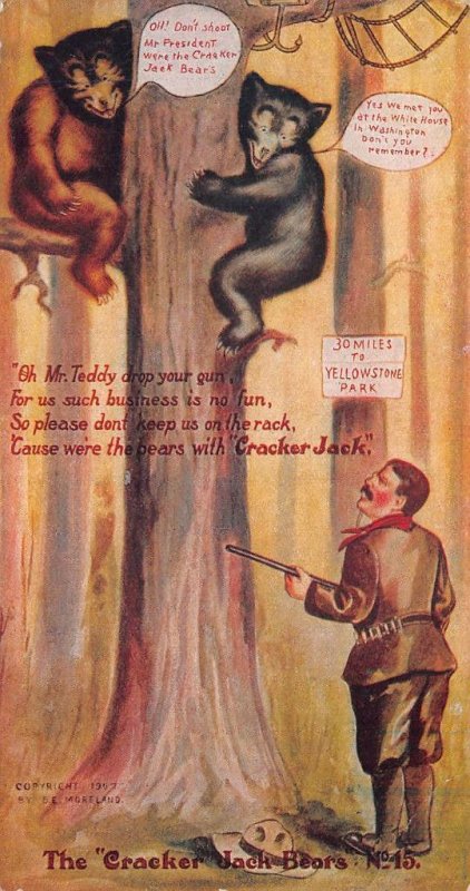 PRESIDENT ROOSEVELT CRACKER JACK BEARS GUN HUNTING NO.15 POSTCARD (1907)