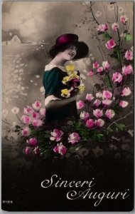 Vintage Italy RPPC Real Photo Postcard Sinceri Auguri Pretty Girl / Flowers