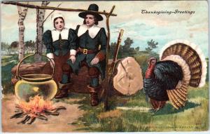 [SOLD] PILGRIMS & TURKEY, CAMPFIRE    Thanksgiving    1908    Postcard