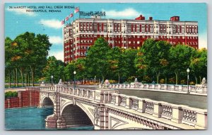 Indianapolis IN~Marott Hotel & Fall Creek Bridge~PM 1957 Linen Postcard