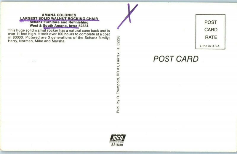 Amana Colonies Largest Solid Walnut Rocking Chair Iowa Postcard