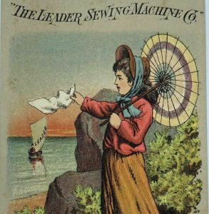 Leader Sewing Machine Co Girl Woman Umbrella Parasol Sailboat Ship Trade Card