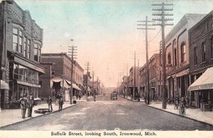 Ironwood Michigan Suffolk Street Scene Historic Bldgs Antique Postcard K101290