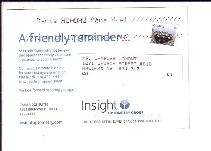 Insight, Optometrist Reminder Postcard, Halifax, Nova Scotia