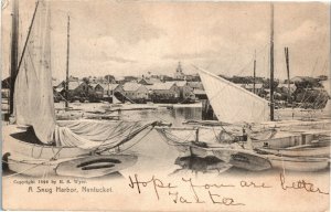 Postcard MA Nantucket A Snug Harbor View of Town Sailing Boats 1906 K12