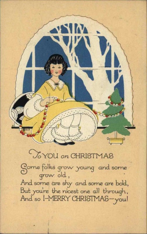 Christmas Girl & Tree - PF Volland Arts & Crafts #813 Poem c1915 Postcard