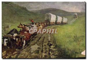 Postcard Old Train hitch Bull Beoufs