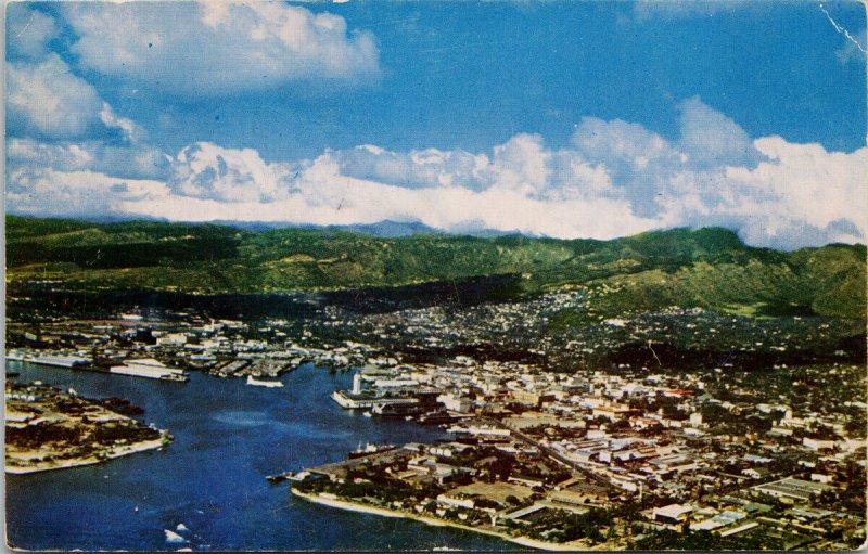 Honolulu HI Aerial View of Oahu c1951 US Navy Cancel Postcard G61