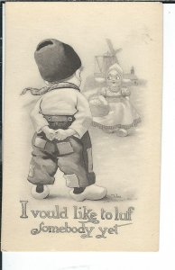 AX-116 - Dutch Boy Girl Artist Signed by Wall Postcard Golden Age 1907-1915 Vntg