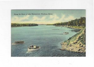 Vtg 1940's Boats on Lake Maranacook, Winthrop, Maine Linen Postcard