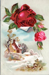 Trade Card - Woolson Spice - Roses over Winter home/village scene