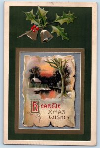 Christmas Postcard House Winter Scene Bell Berries Embossed c1910's Antique