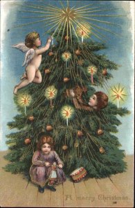 Cherub Fairy and Children Decorate Christmas Tree c1910 Vintage Postcard
