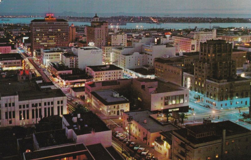 SAN DIEGO, California, 1950-1960s; Aerial View Of Downtown At Night