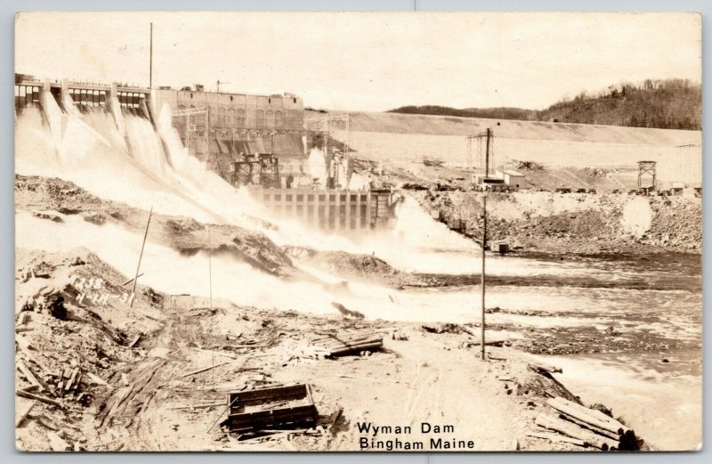 Bingham Maine~Wyman Dam, After Construction, Lumber Lying Around RPPC 1940s 