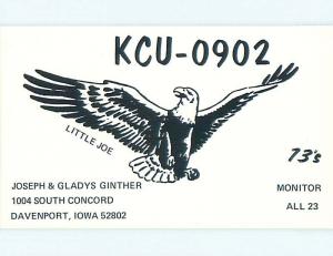 patriotic EAGLE BIRD - QSL CB HAM RADIO CARD Davenport Iowa IA t9884