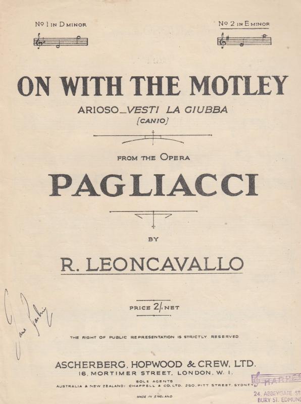 On With The Motley Pagliacci 1950s Sheet Music