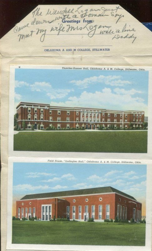 Oklahoma A and M College State University Stillwater postcard folder foldout