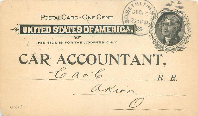 LEHIGH VALLEY RAILROAD CAR ACCOUNTANT UX14 POSTCARD c1899 TO CA&C RAILROAD