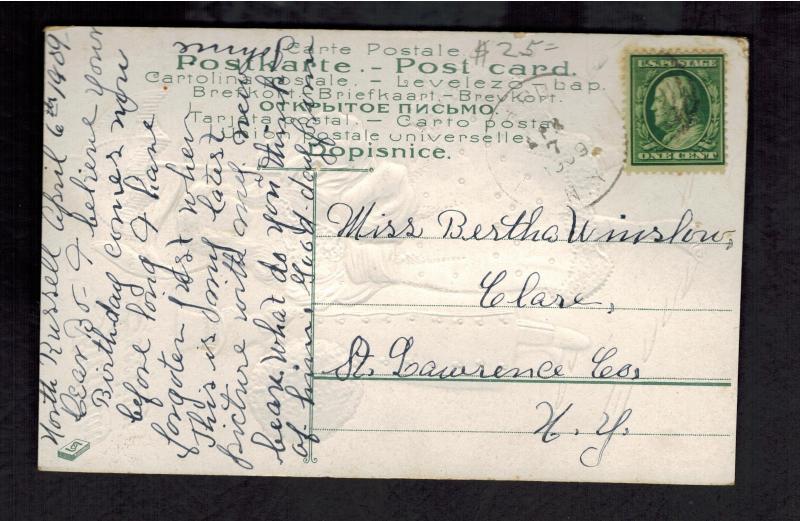 1909 Postcard Cover Black Americana Birthday Greetings Black Man White Woman