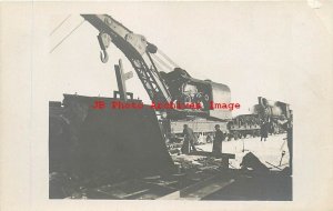 Unknown Location, RPPC, Railroad Train Engine Wreck Disaster, Crane, Photo