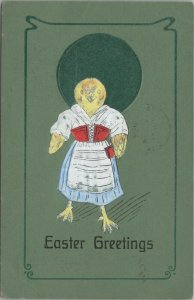 Easter Greetings Humanized Dressed Chick Green embossed 1906 postcard G167 